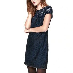 Loft Women's Navy Blue Lace Mini Shift Dress Tie Keyhole Back (Size 0)